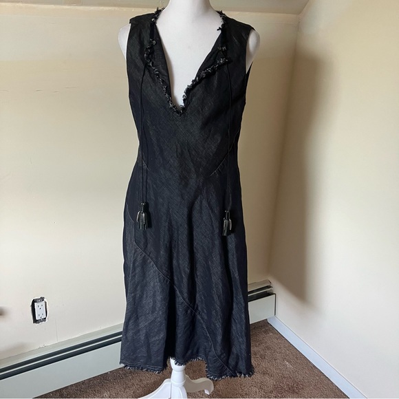 Dorothee Schumacher Denim Blue Linen/Cotton Raw Hem Patchwork Midi Dress size 3 - Picture 1 of 11